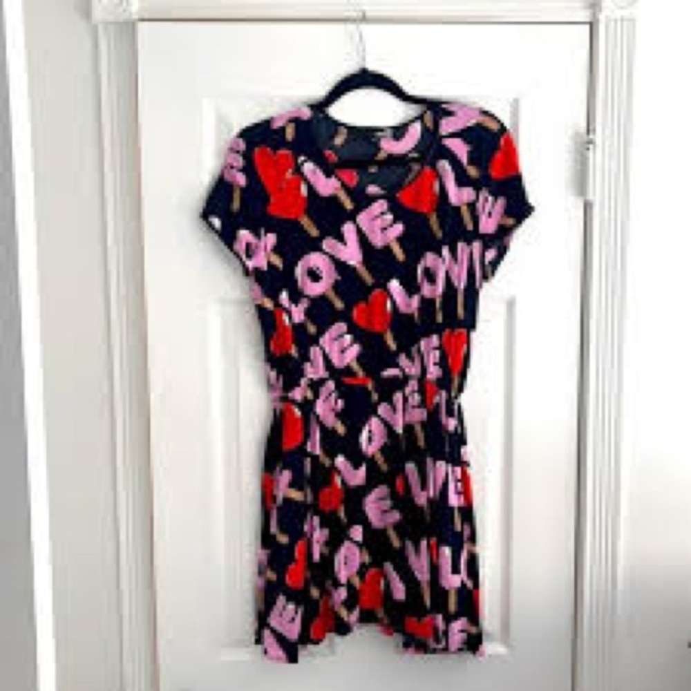 Moschino Navy Mini Dress with Pink LOVE Graphic and Red Hearts